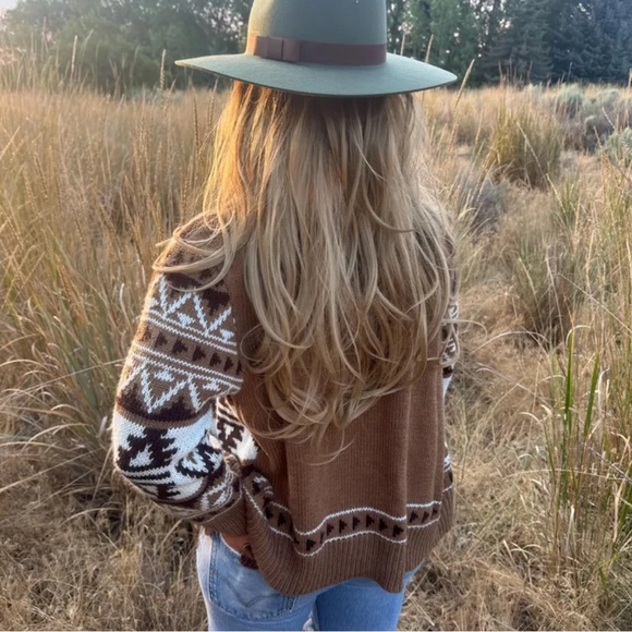 Shop_Fig Sweaters - New Western Geometric Aztec Brown Knit Cardigan Sweater V-Neck Cowichan Top